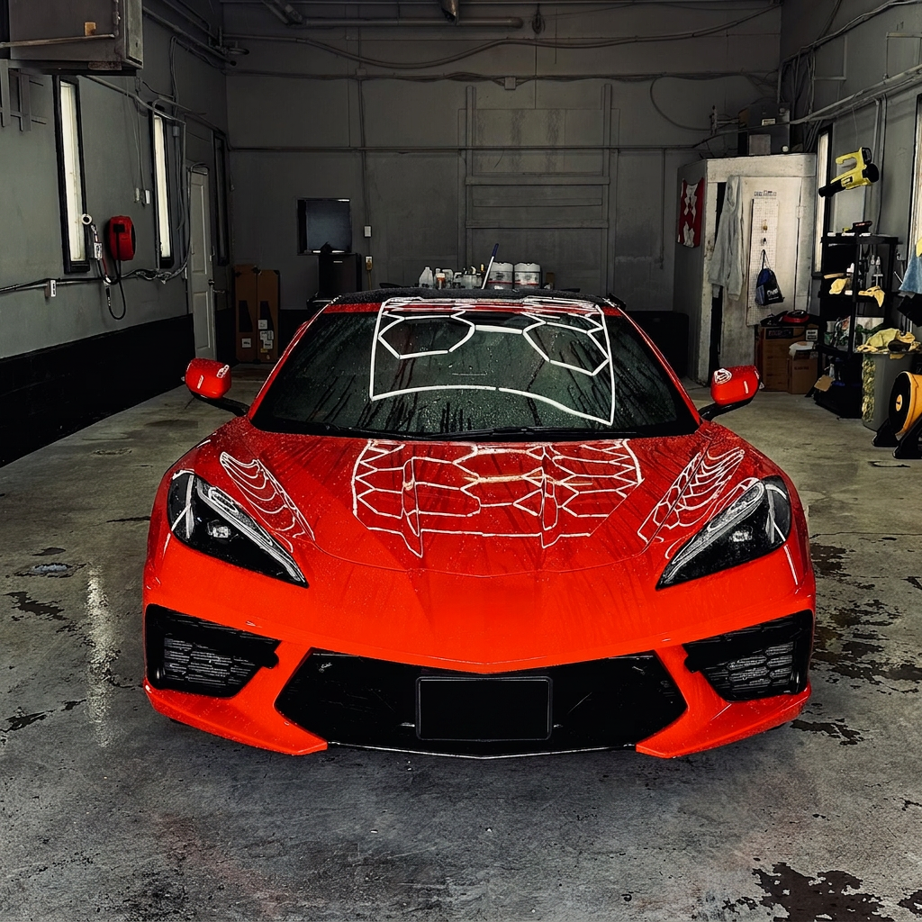 Orange Chevrolet Corvette C8 front-on after wash